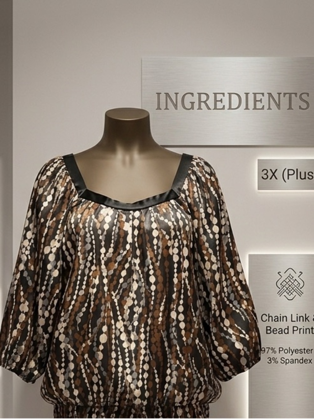 Chain-Link & Bead Print Peasant Blouse — Brown Multi